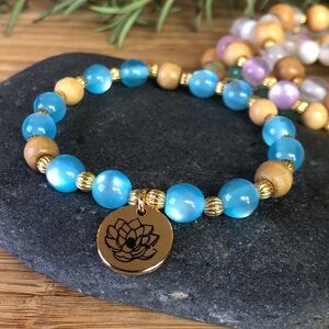 Blue, Gold & Wooden Beaded Stretch Bracelet with Golden Lotus Charm